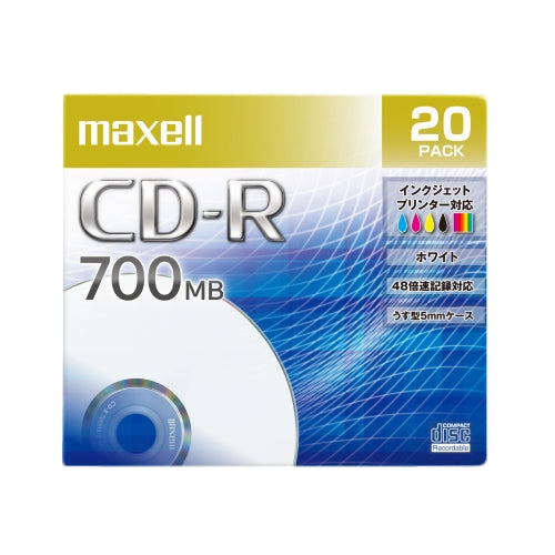 【販売終了】マクセル maxell データ用 CD-R 48倍速対応 インクジェットプリンター対応(ノンワイド) 700MB 5mmPケース 20枚 CDR700S.PNW.20S
